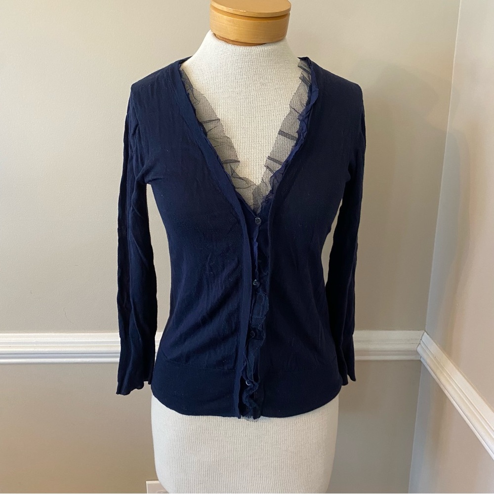 J. Crew Wool Blend Cardigan Blue Sheer Mesh Trim V Neck Button Front Medium